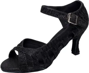 Women's Glitter Dance Shoes Latin Tango Ballroom Practice Shoes Salsa Cha-cha Peep Hollow Out Soft Sole, black set, 9