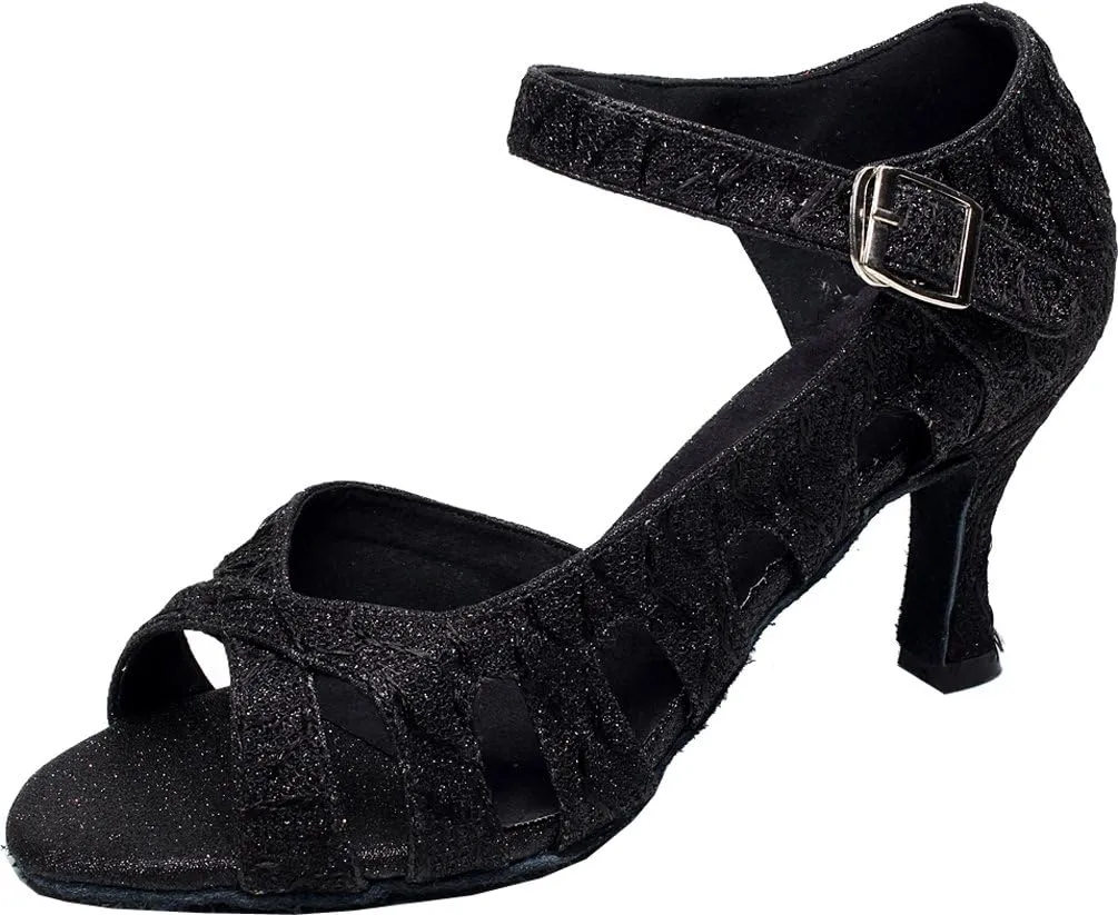 Women's Glitter Dance Shoes Latin Tango Ballroom Practice Shoes Salsa Cha-cha Peep Hollow Out Soft Sole, black set, 9