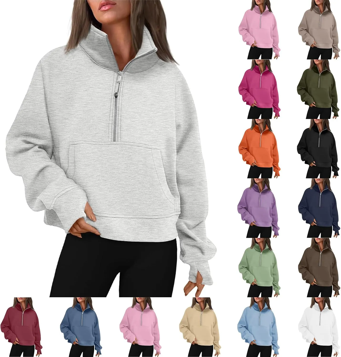 Womens Half Zip Pullover Cropped Oversized Sweatshirt Y2k Fleece Sweater Stand Collar Preppy Clothes with Thumb Holes
