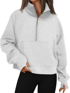 Womens Half Zip Sweatshirts Cropped Pullover Sweatershirts Fleece Pullovers Casual Long Sleeve Tops
