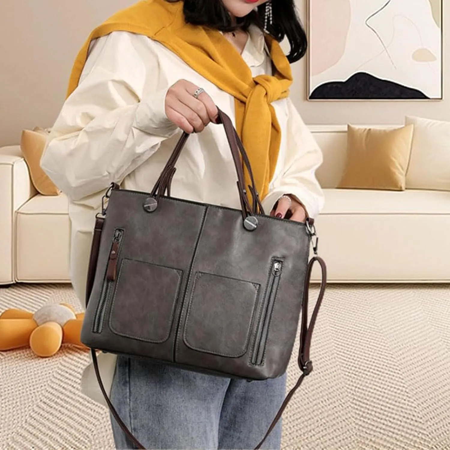 Women's Handbags Faux Soft PU Leather Vintage Shoulder Bag Top Handle Slouchy Satchel Tote Bags Multi Pocket Handbag