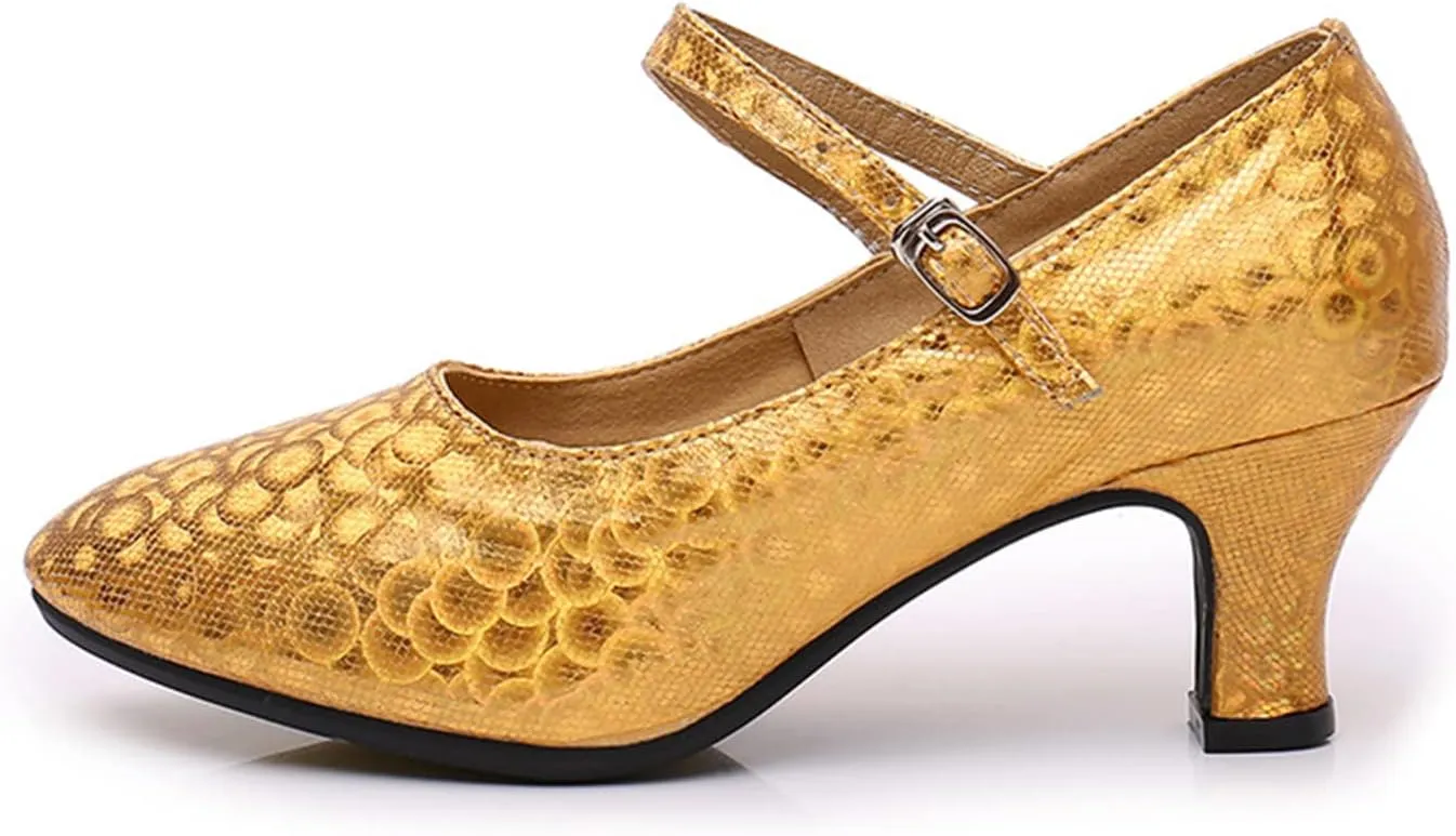 Women's Latin Dance Shoes Performance Ballroom Standard Adult Mid-Heeled Beef Tendon Soft Bottom Closed Toe Dancing Shoes