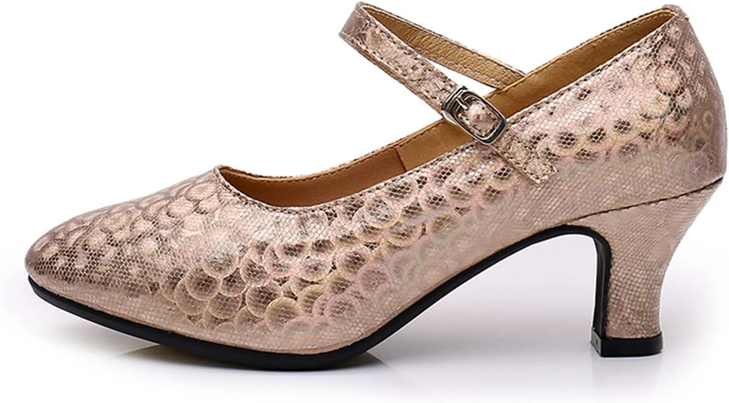 Women's Latin Dance Shoes Performance Ballroom Standard Adult Mid-Heeled Beef Tendon Soft Bottom Closed Toe Dancing Shoes
