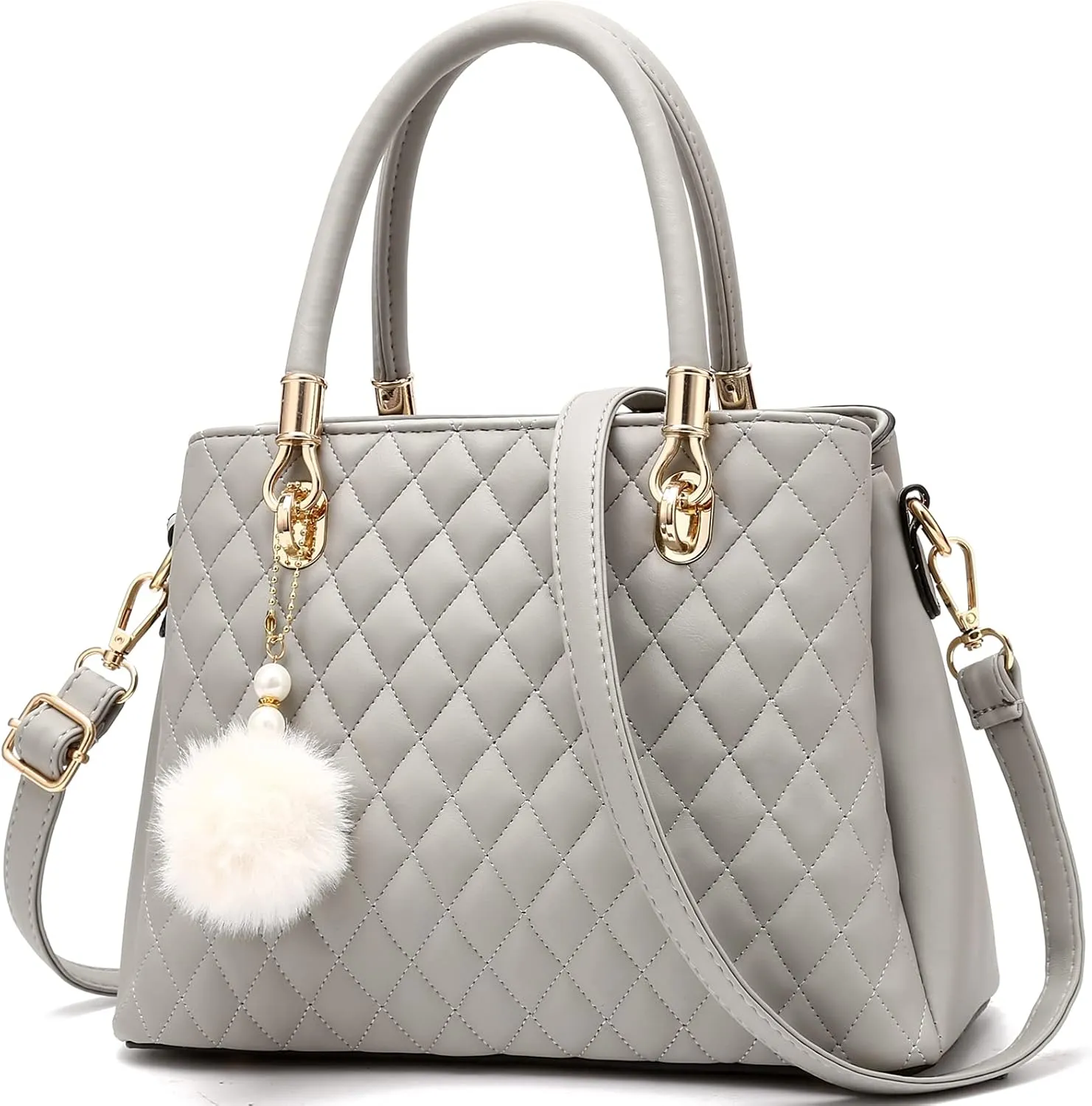 Womens Leather Handbags Purses Top-handle Totes Satchel Shoulder Bag for Ladies with Pompon Black