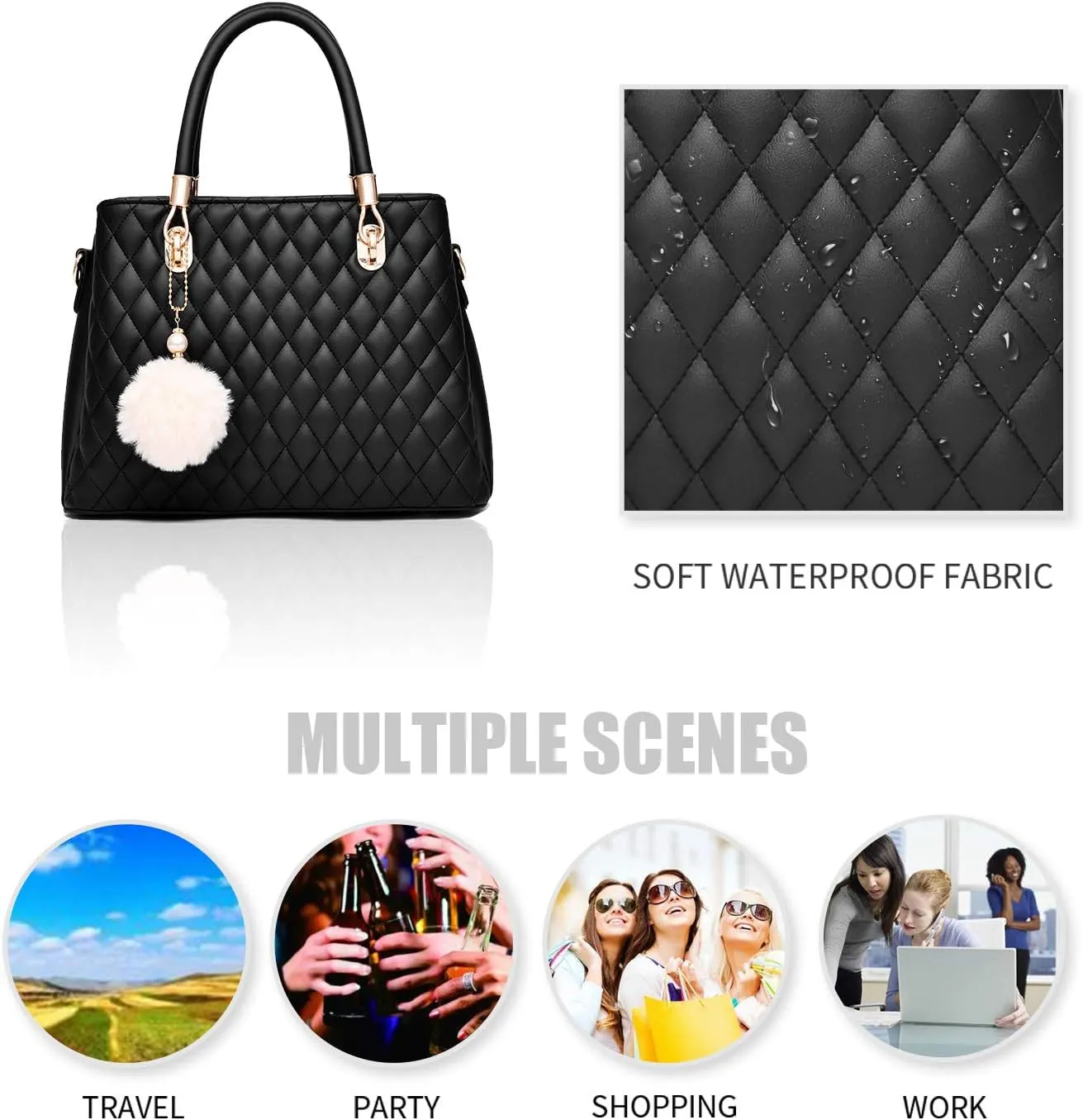 Womens Leather Handbags Purses Top-handle Totes Satchel Shoulder Bag for Ladies with Pompon Black