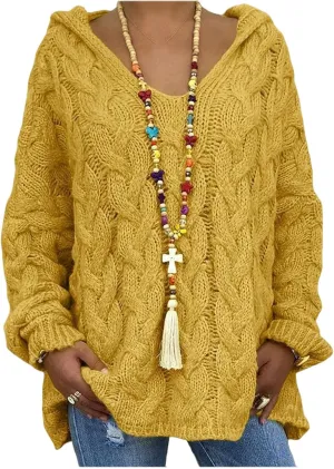 Womens Oversized Sweaters Cable Knit Chunky Hooded Pullover Sweaters V Neck Long Sleeve Loose Solid Color Tops