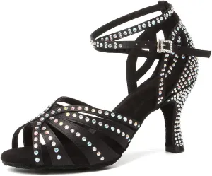 Women's Rhinestones Latin Dance Shoes Satin Ballroom Salsa Bachata Performance Dance Heels