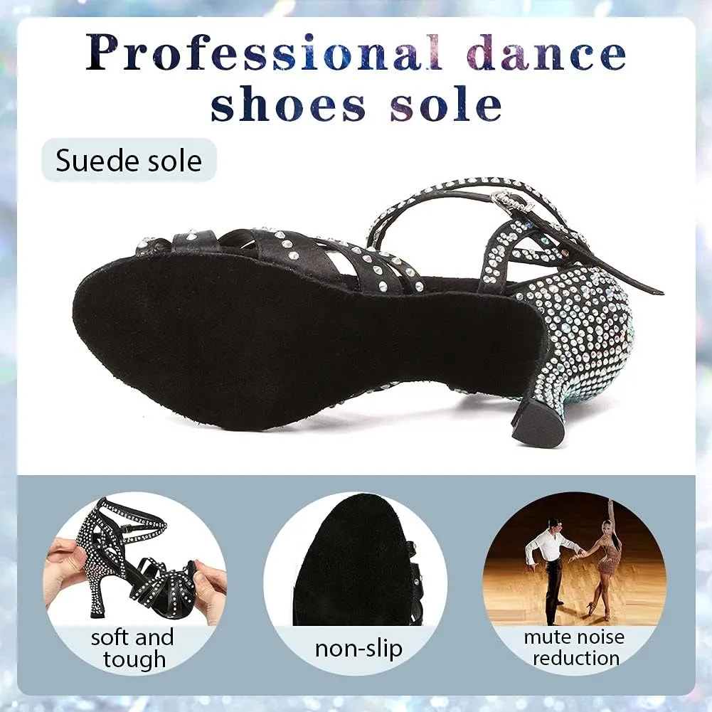 Women's Rhinestones Latin Dance Shoes Satin Ballroom Salsa Bachata Performance Dance Heels