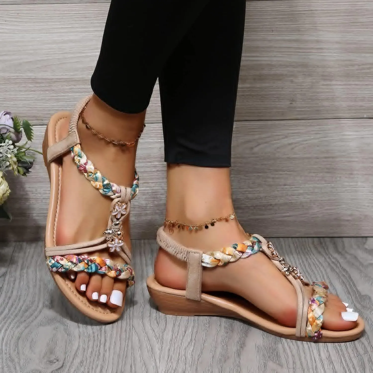 Womens Sandals Comfortable Arch Support Metallic Slip-on Casual Beach Shoes Rhinestone Beaded Sparkly Bling Bohemian Sandal Ankle Strap Beach Shoes