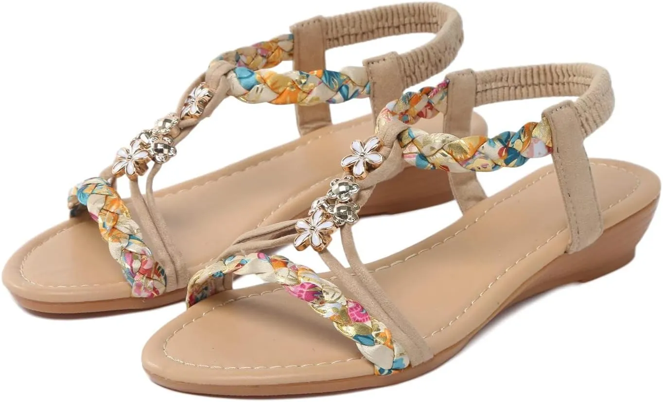 Womens Sandals Comfortable Arch Support Metallic Slip-on Casual Beach Shoes Rhinestone Beaded Sparkly Bling Bohemian Sandal Ankle Strap Beach Shoes