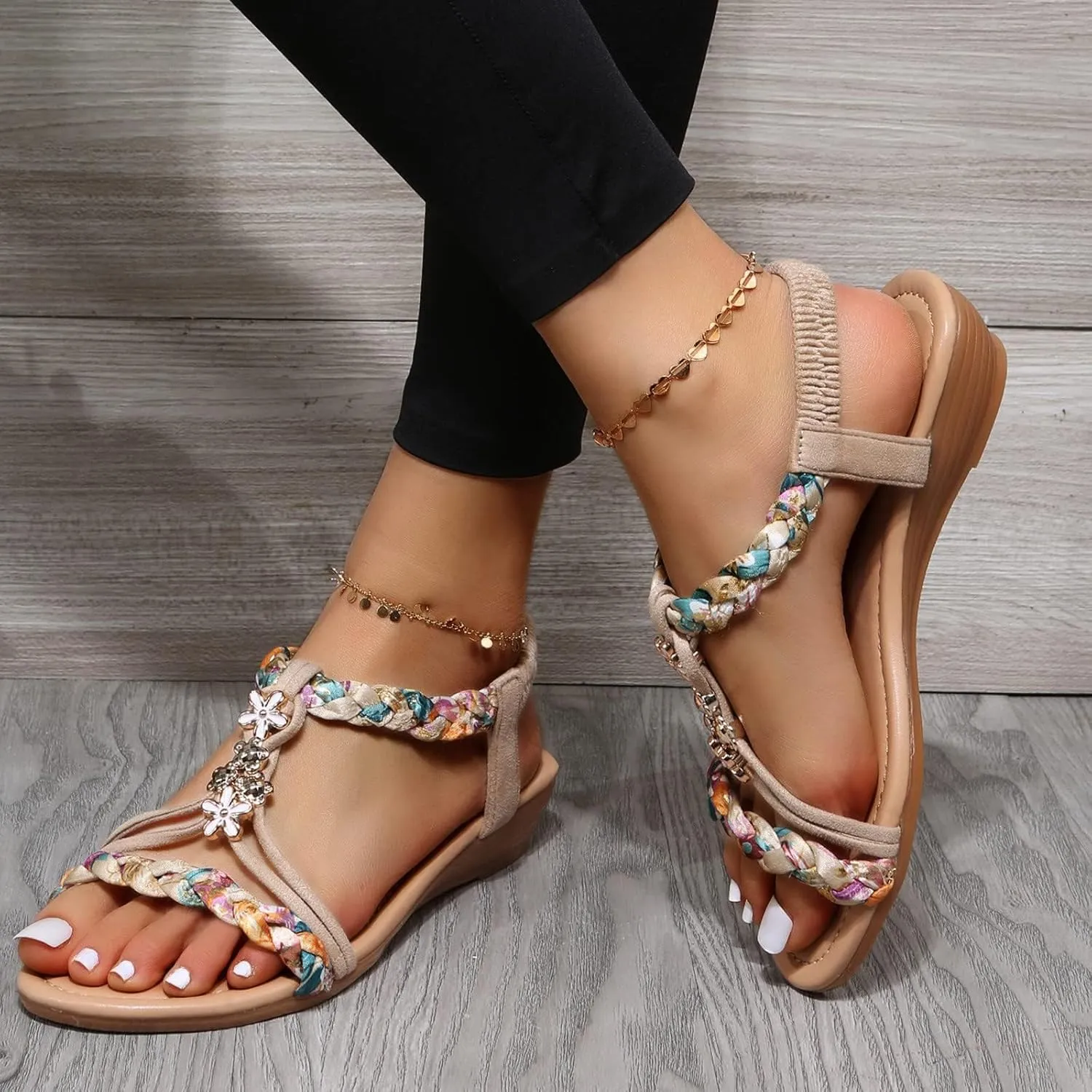 Womens Sandals Comfortable Arch Support Metallic Slip-on Casual Beach Shoes Rhinestone Beaded Sparkly Bling Bohemian Sandal Ankle Strap Beach Shoes
