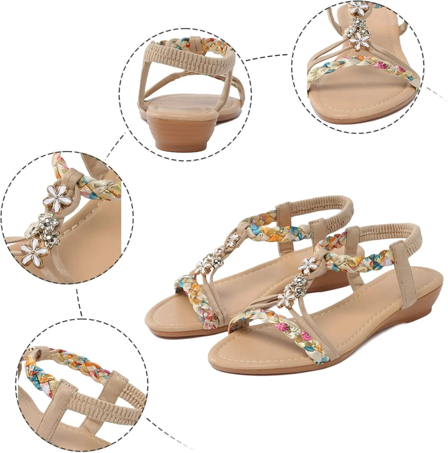 Womens Sandals Comfortable Arch Support Metallic Slip-on Casual Beach Shoes Rhinestone Beaded Sparkly Bling Bohemian Sandal Ankle Strap Beach Shoes