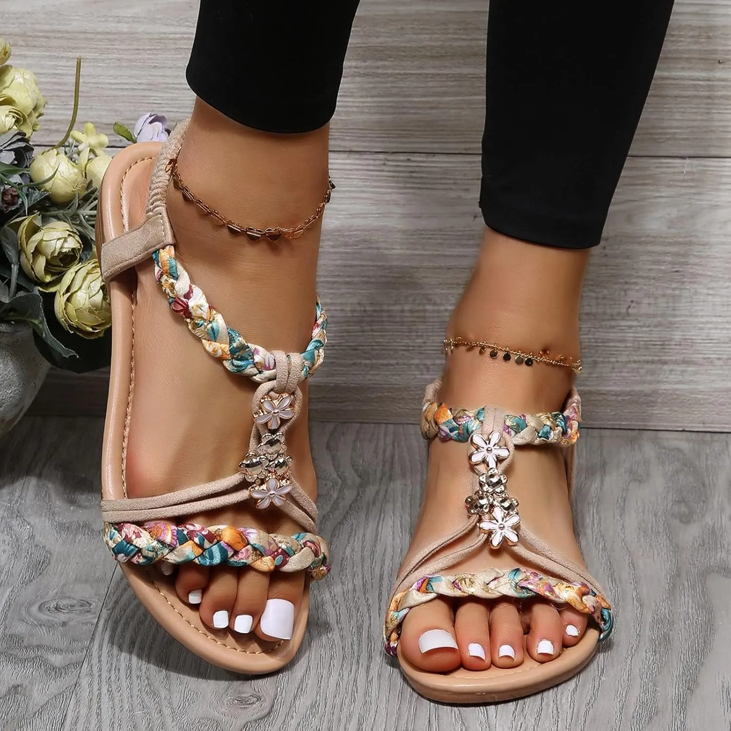 Womens Sandals Comfortable Arch Support Metallic Slip-on Casual Beach Shoes Rhinestone Beaded Sparkly Bling Bohemian Sandal Ankle Strap Beach Shoes