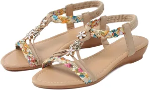Womens Sandals Comfortable Arch Support Metallic Slip-on Casual Beach Shoes Rhinestone Beaded Sparkly Bling Bohemian Sandal Ankle Strap Beach Shoes