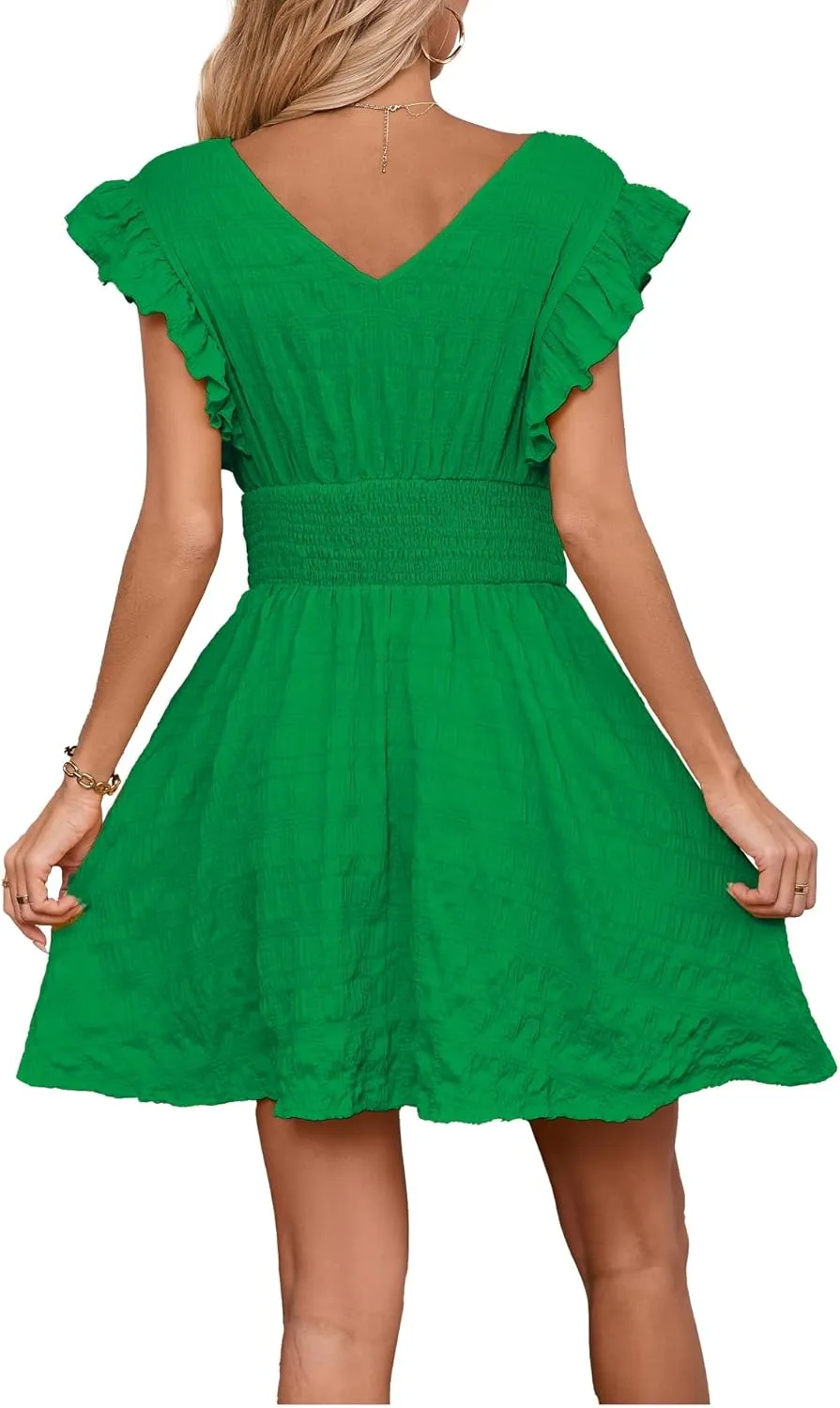 Women's Summer Casual V Neck Ruffle A Line Mini Dress for Beach Vacation