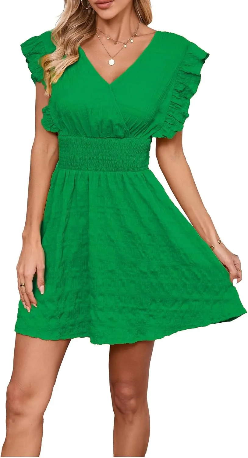 Women's Summer Casual V Neck Ruffle A Line Mini Dress for Beach Vacation