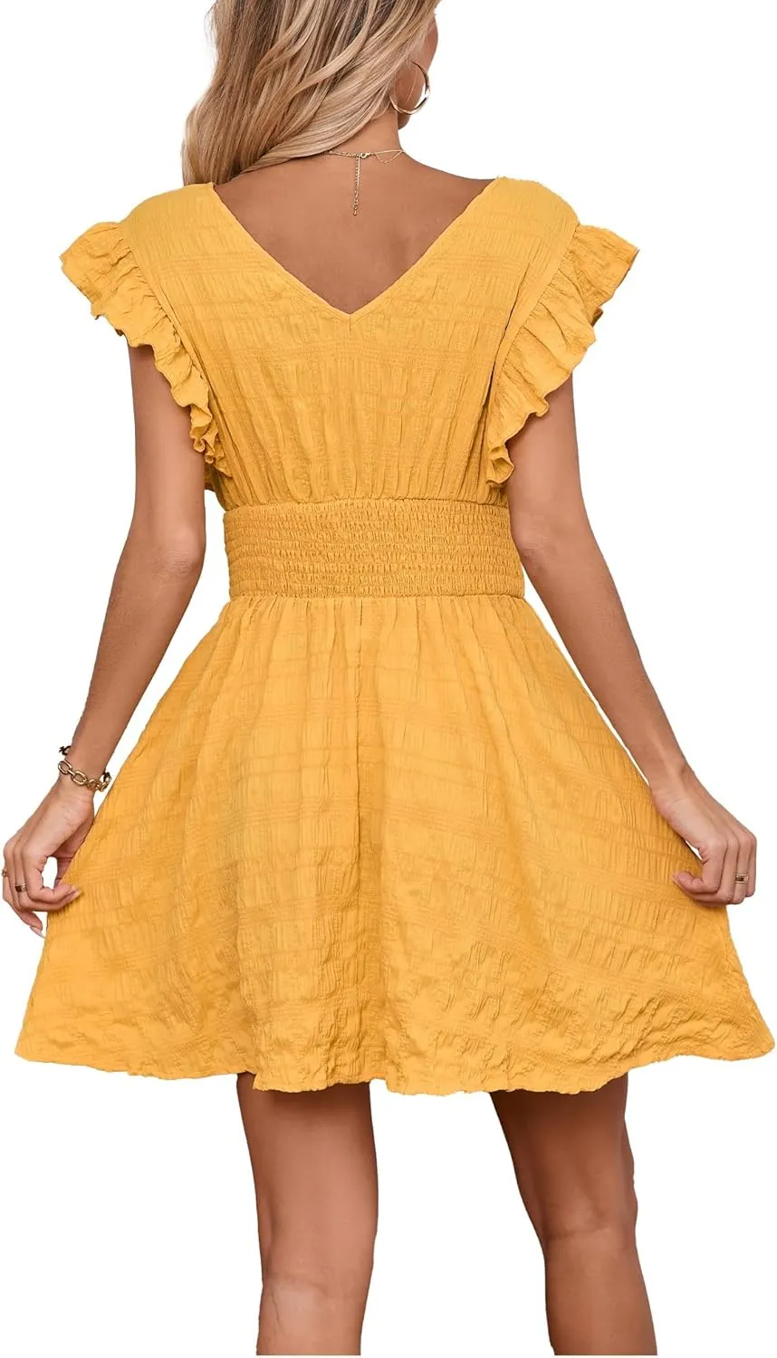 Women's Summer Casual V Neck Ruffle A Line Mini Dress for Beach Vacation