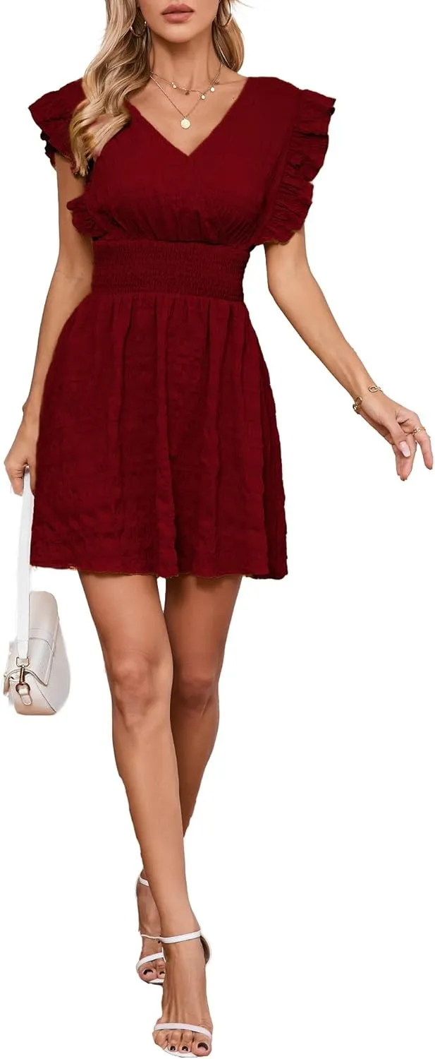 Women's Summer Casual V Neck Ruffle A Line Mini Dress for Beach Vacation