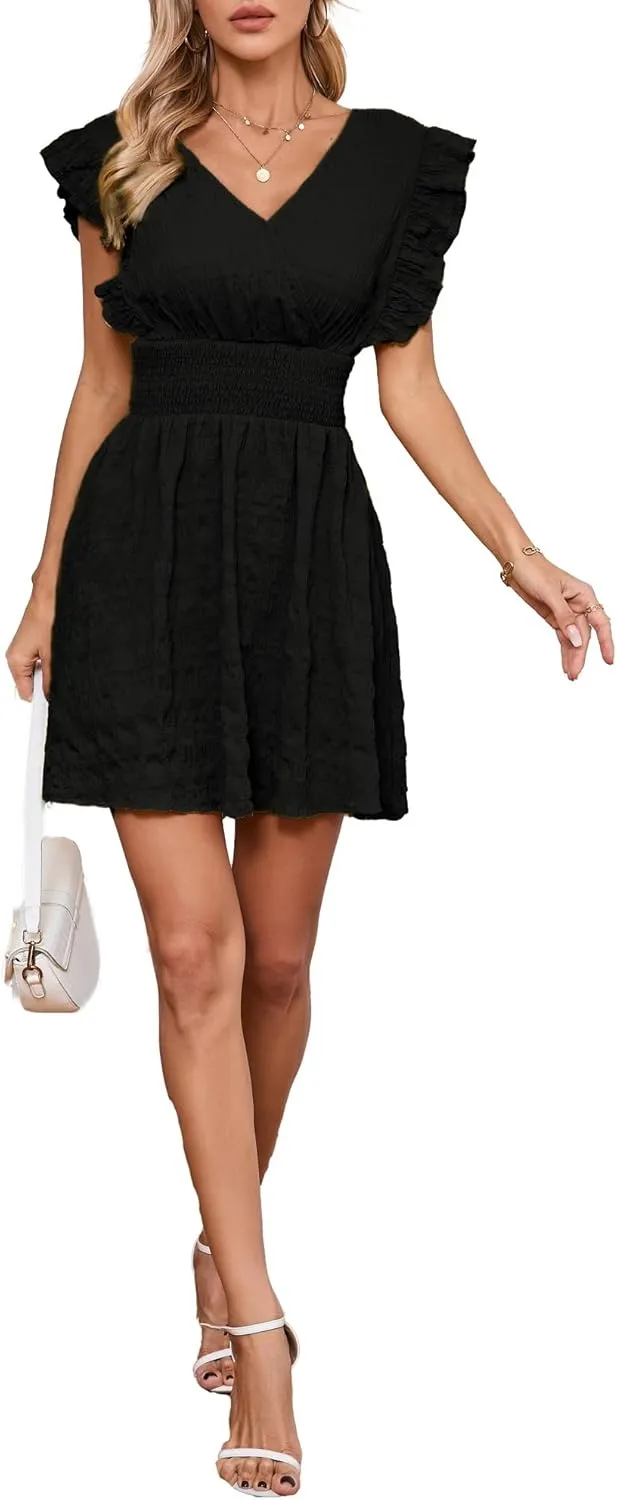 Women's Summer Casual V Neck Ruffle A Line Mini Dress for Beach Vacation