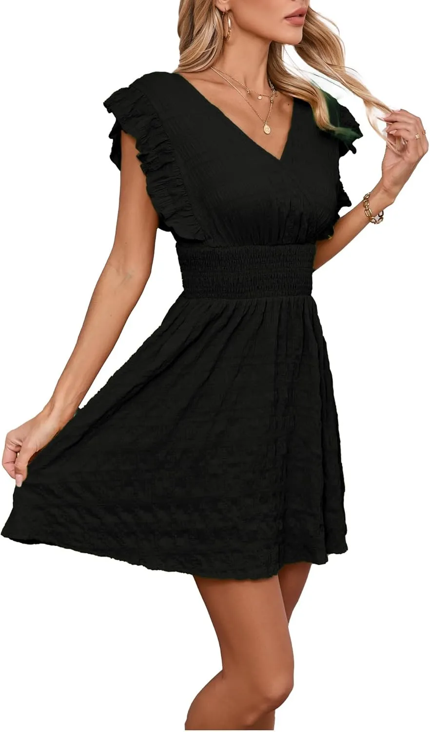 Women's Summer Casual V Neck Ruffle A Line Mini Dress for Beach Vacation