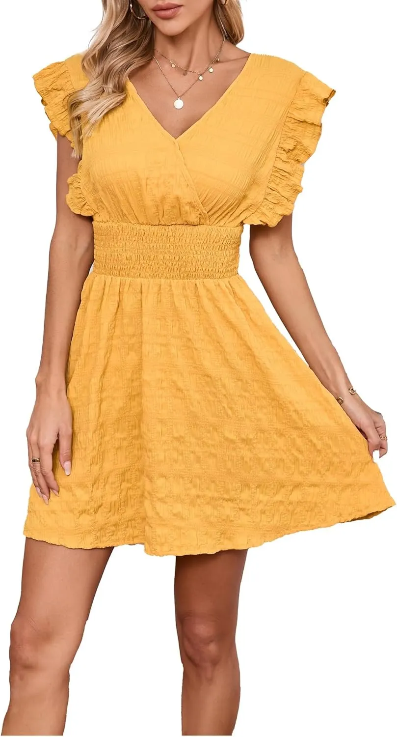 Women's Summer Casual V Neck Ruffle A Line Mini Dress for Beach Vacation
