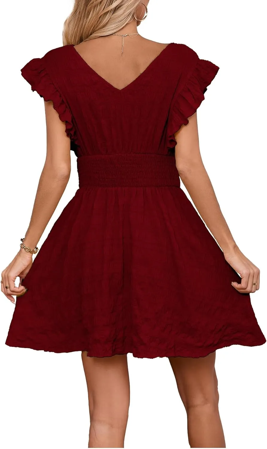 Women's Summer Casual V Neck Ruffle A Line Mini Dress for Beach Vacation