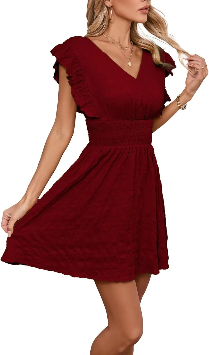 Women's Summer Casual V Neck Ruffle A Line Mini Dress for Beach Vacation