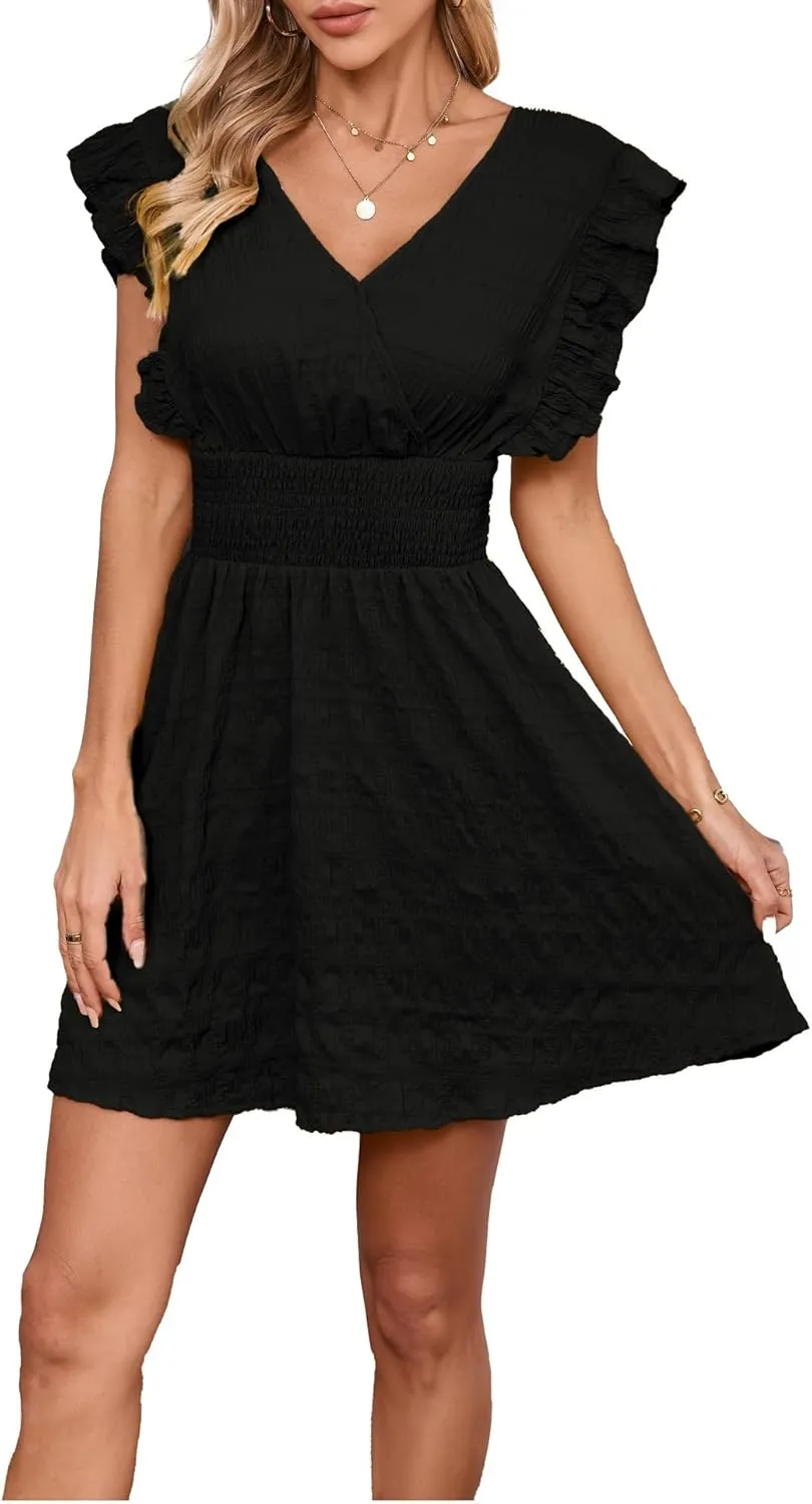 Women's Summer Casual V Neck Ruffle A Line Mini Dress for Beach Vacation