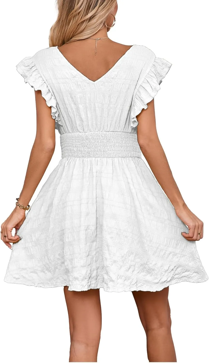Women's Summer Casual V Neck Ruffle A Line Mini Dress for Beach Vacation