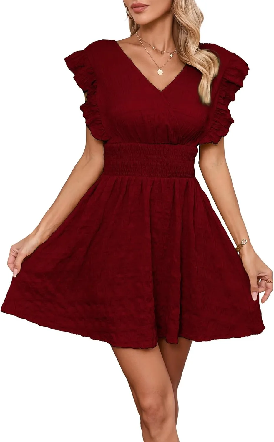 Women's Summer Casual V Neck Ruffle A Line Mini Dress for Beach Vacation