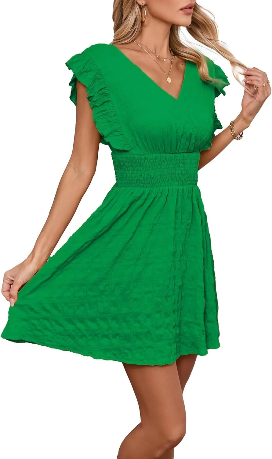 Women's Summer Casual V Neck Ruffle A Line Mini Dress for Beach Vacation