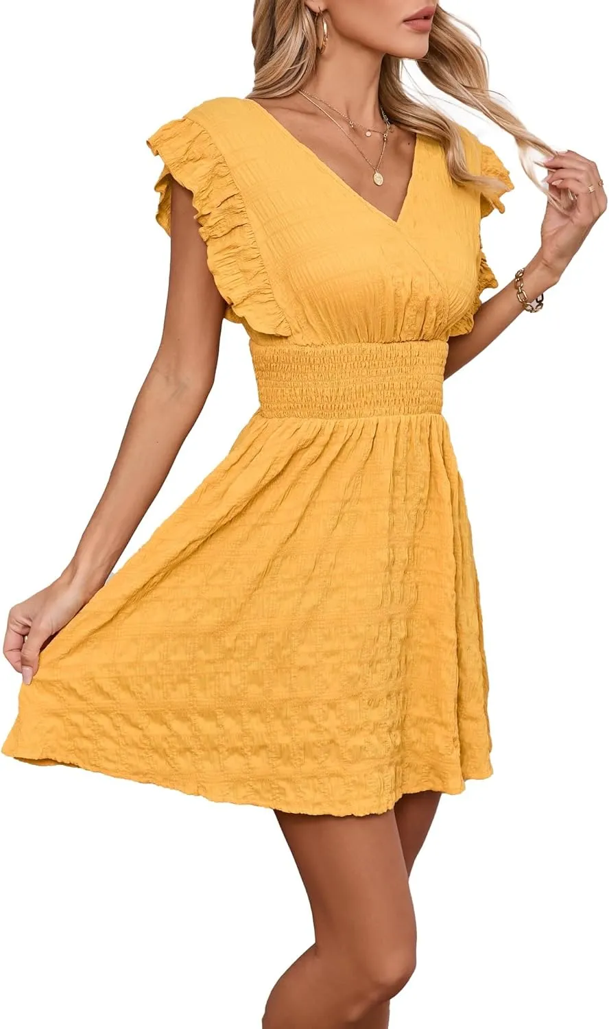 Women's Summer Casual V Neck Ruffle A Line Mini Dress for Beach Vacation