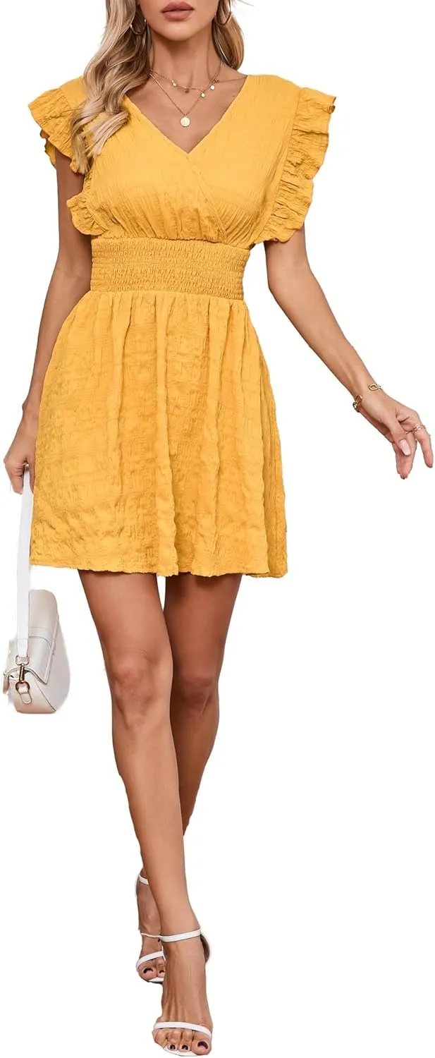 Women's Summer Casual V Neck Ruffle A Line Mini Dress for Beach Vacation