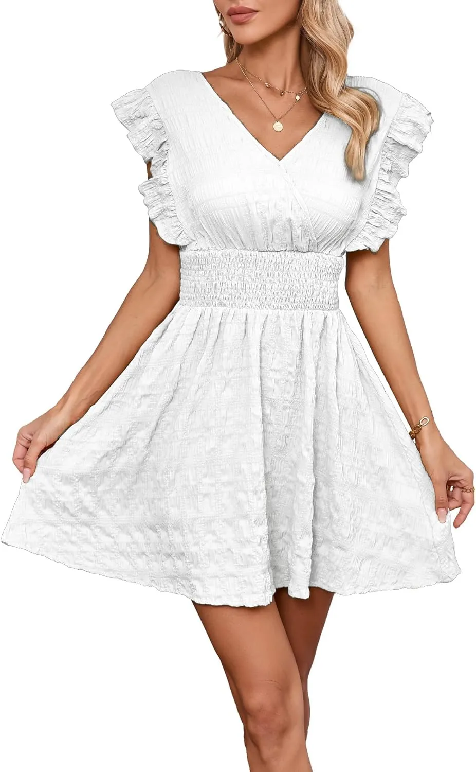 Women's Summer Casual V Neck Ruffle A Line Mini Dress for Beach Vacation