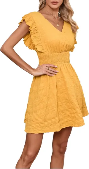 Women's Summer Casual V Neck Ruffle A Line Mini Dress for Beach Vacation