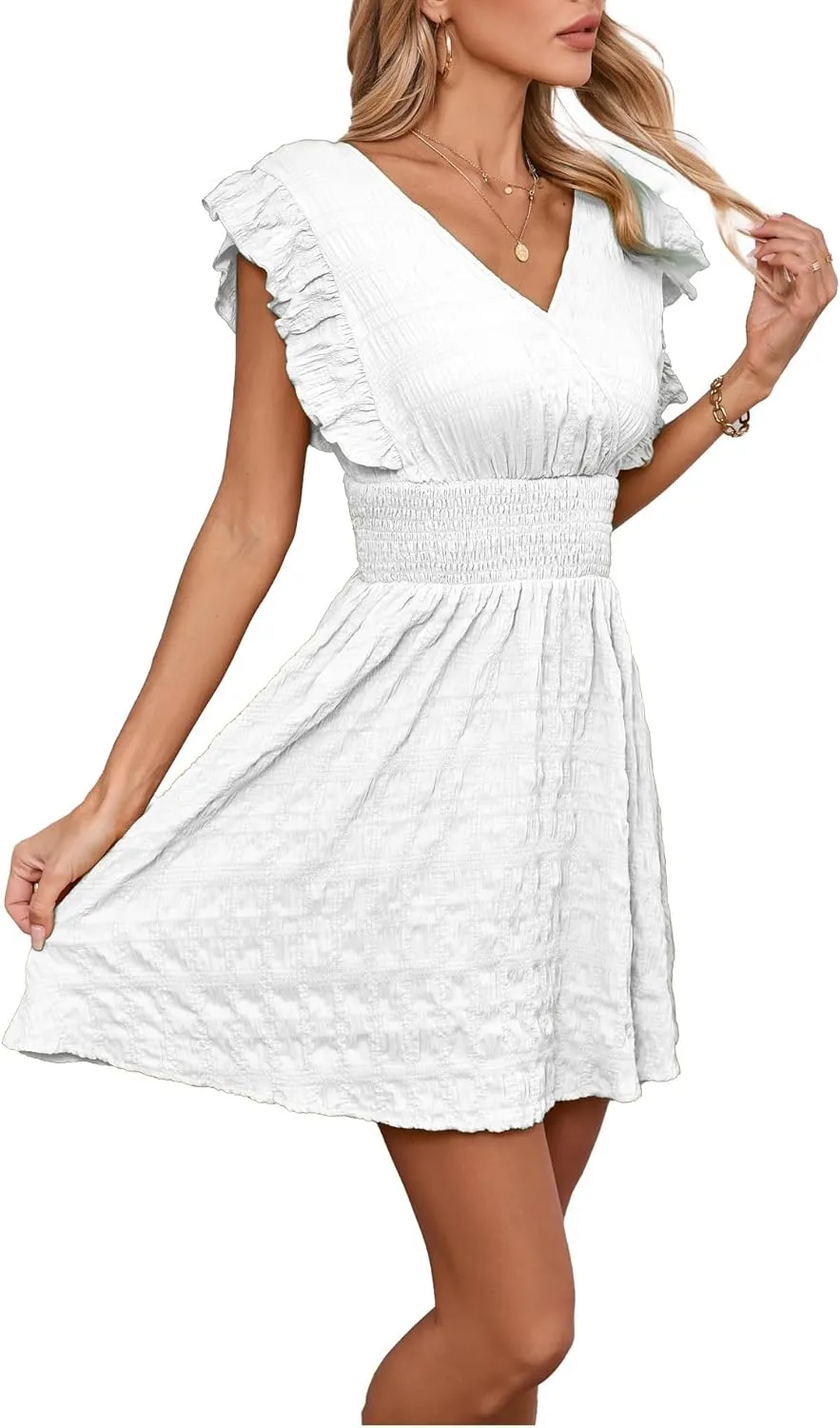 Women's Summer Casual V Neck Ruffle A Line Mini Dress for Beach Vacation