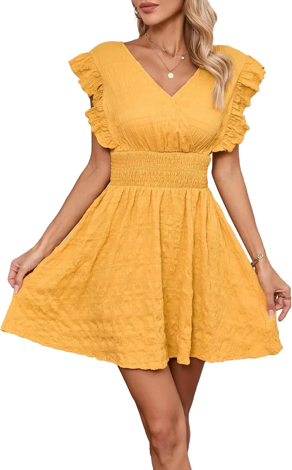 Women's Summer Casual V Neck Ruffle A Line Mini Dress for Beach Vacation