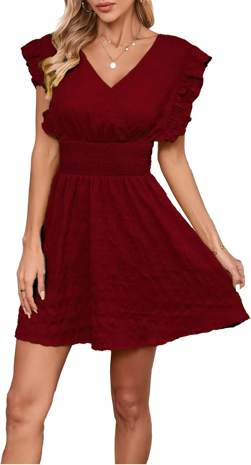 Women's Summer Casual V Neck Ruffle A Line Mini Dress for Beach Vacation