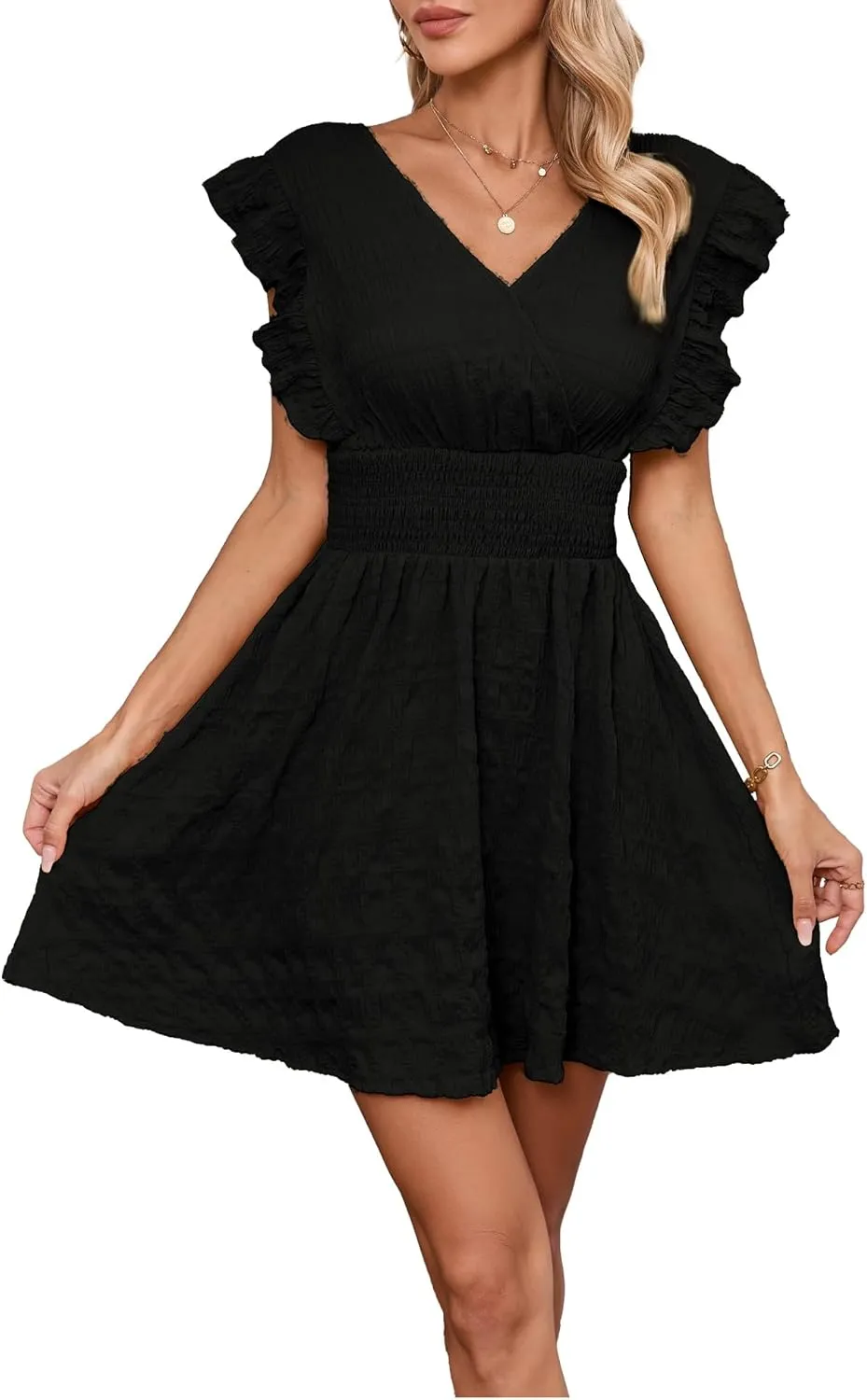 Women's Summer Casual V Neck Ruffle A Line Mini Dress for Beach Vacation