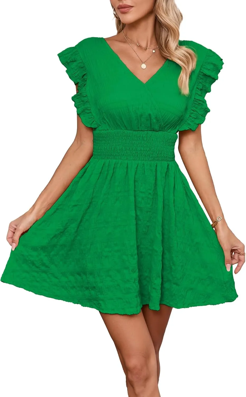 Women's Summer Casual V Neck Ruffle A Line Mini Dress for Beach Vacation