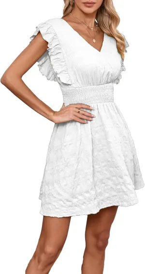 Women's Summer Casual V Neck Ruffle A Line Mini Dress for Beach Vacation