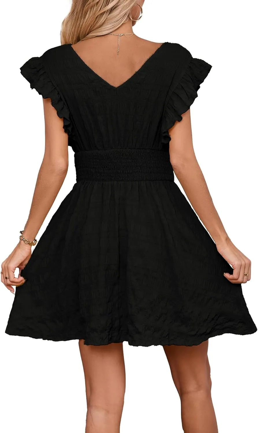 Women's Summer Casual V Neck Ruffle A Line Mini Dress for Beach Vacation