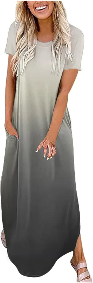 Womens Summer Maxi Dresses Short Sleeve Split Long Dress Gradient Tshirt Dresses Casual Beach Sundress with Pockets