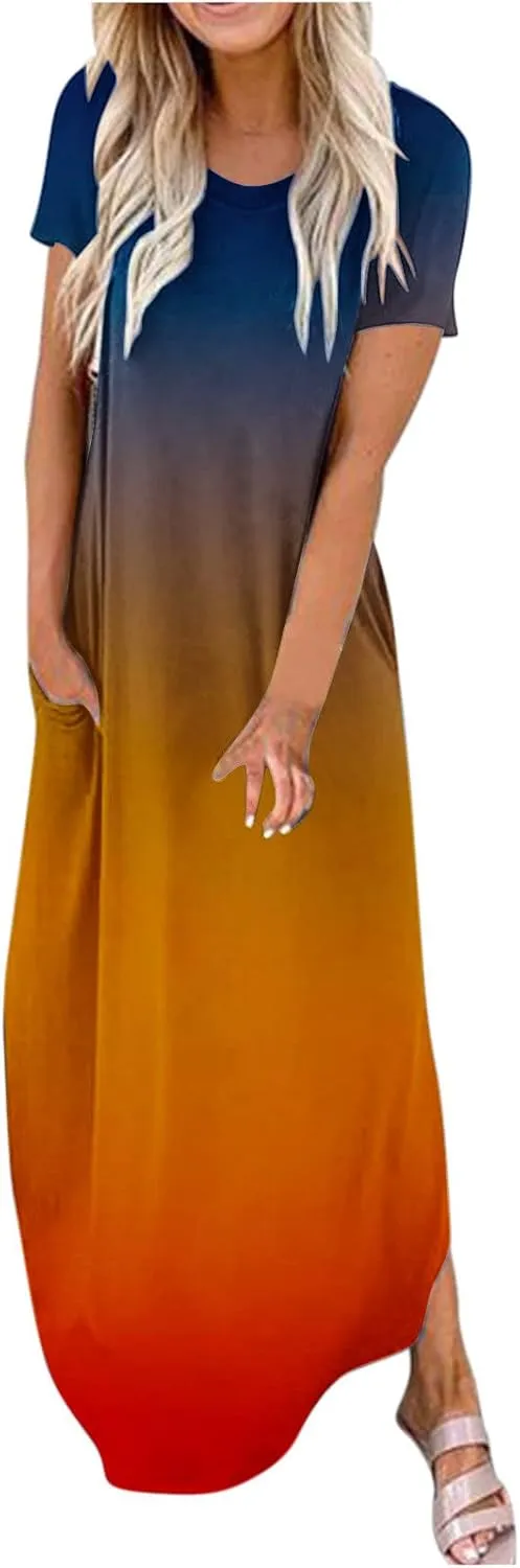 Womens Summer Maxi Dresses Short Sleeve Split Long Dress Gradient Tshirt Dresses Casual Beach Sundress with Pockets