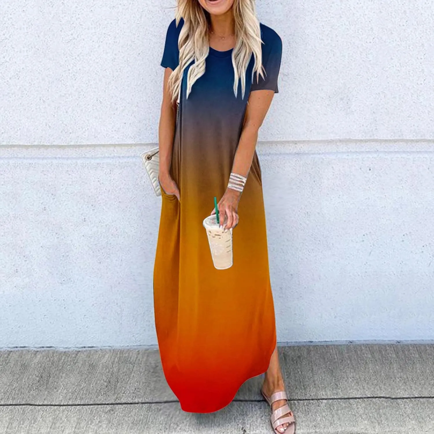 Womens Summer Maxi Dresses Short Sleeve Split Long Dress Gradient Tshirt Dresses Casual Beach Sundress with Pockets