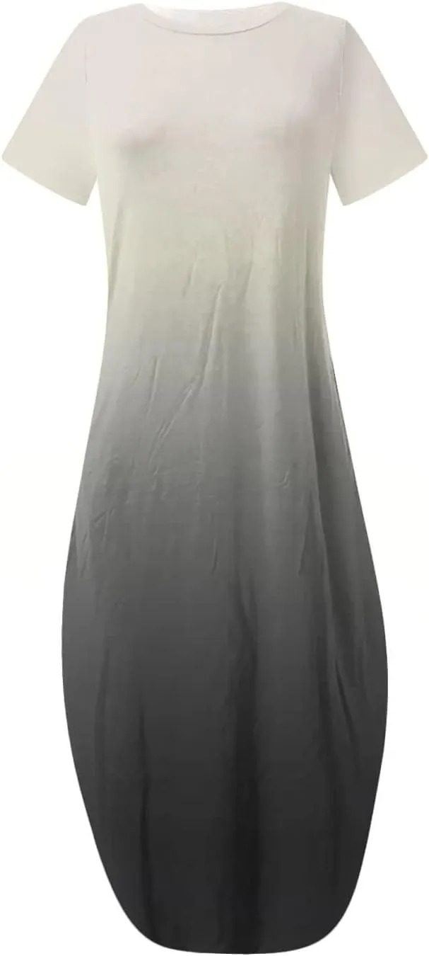 Womens Summer Maxi Dresses Short Sleeve Split Long Dress Gradient Tshirt Dresses Casual Beach Sundress with Pockets