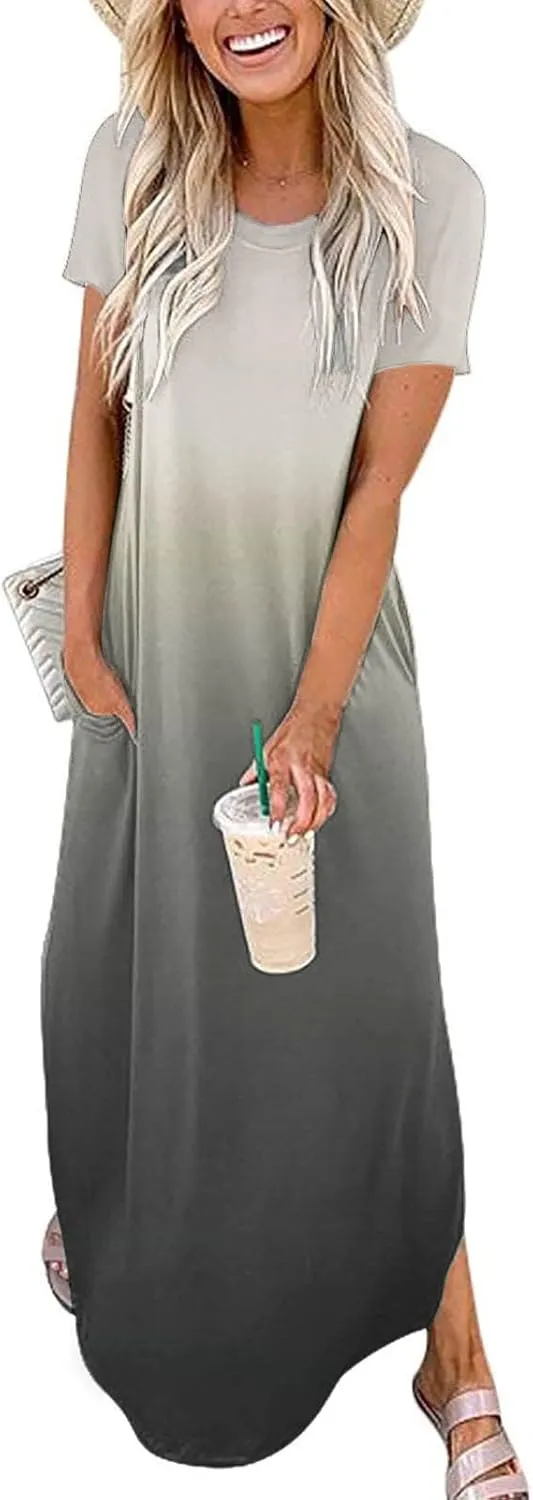 Womens Summer Maxi Dresses Short Sleeve Split Long Dress Gradient Tshirt Dresses Casual Beach Sundress with Pockets