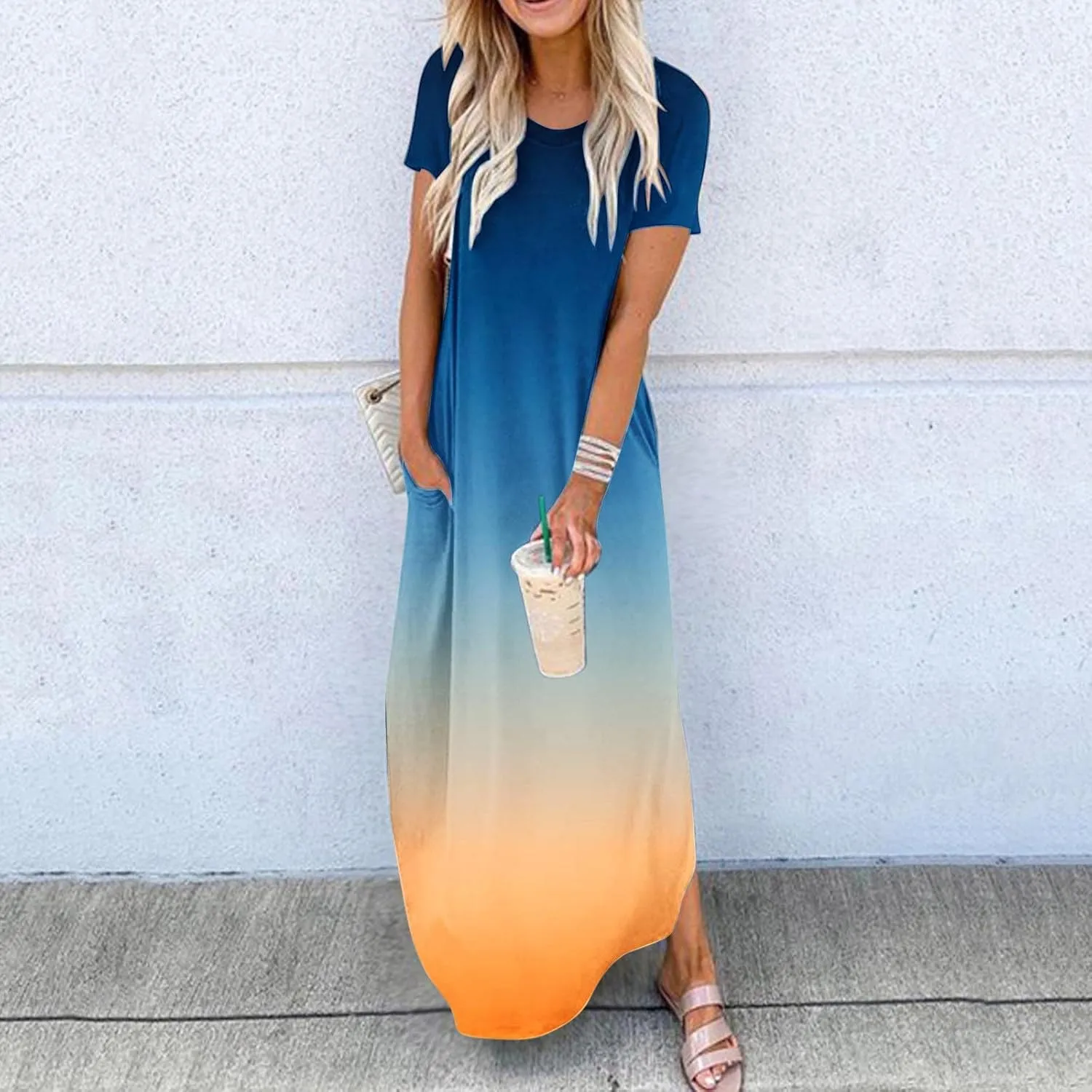Womens Summer Maxi Dresses Short Sleeve Split Long Dress Gradient Tshirt Dresses Casual Beach Sundress with Pockets