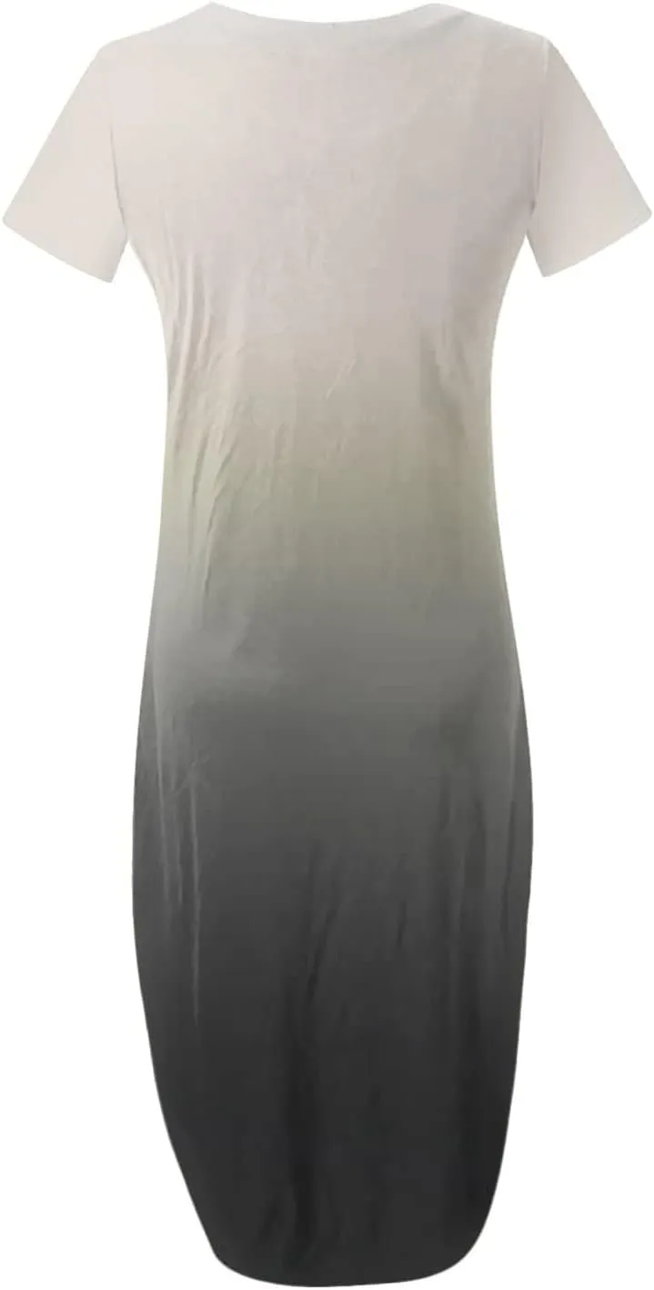 Womens Summer Maxi Dresses Short Sleeve Split Long Dress Gradient Tshirt Dresses Casual Beach Sundress with Pockets