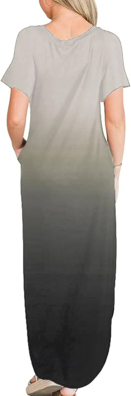Womens Summer Maxi Dresses Short Sleeve Split Long Dress Gradient Tshirt Dresses Casual Beach Sundress with Pockets